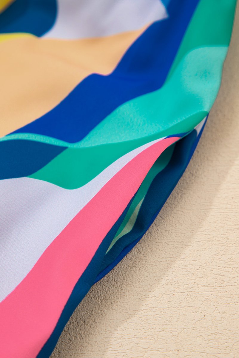 Blue Abstract Print V Neck Cap Sleeve Pocketed Mini Dress - Love Salve